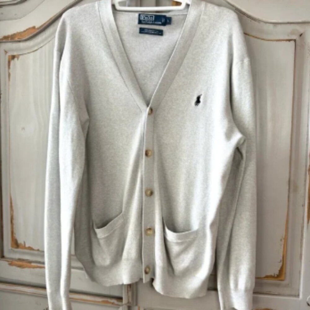 Polo by Ralph Lauren | Vintage 90’s Light Gray 100% Pima Cotton Cardigan Sweater